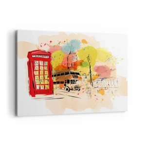 Impression sur toile - Image sur toile - Thème londonien avec bus rouge et stand - 120x80cm - La ville de la variété - Décoration murale moderne pour le salon et la chambre ARTTOR