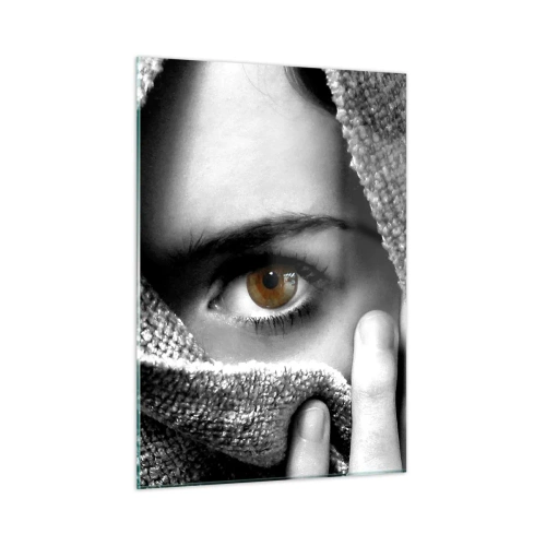 Impression sur verre - Image sur verre - Un œil caché derrière une texture de tissu monochrome - 50x70cm - Apprenez le secret - Décoration murale moderne pour le salon et la chambre ARTTOR