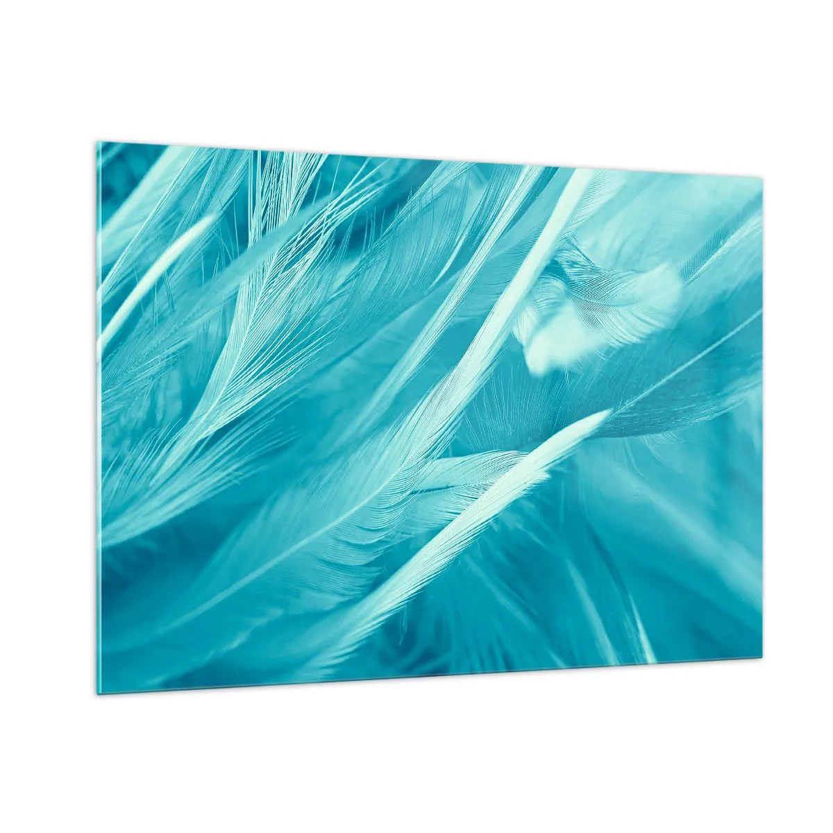 Impression sur verre - Image sur verre - Plumes turquoise en gros plan délicat - 100x70cm - Se noyer dans les plumes - Décoration murale moderne pour le salon et la chambre ARTTOR