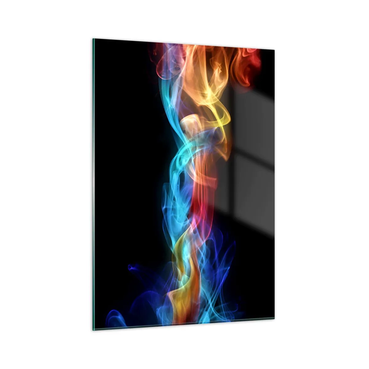 Impression sur verre - Image sur verre - Des traînées de fumée colorées sur un fond noir créant un motif abstrait - 50x70cm - Danse arc-en-ciel du brouillard - Décoration murale moderne pour le salon et la chambre ARTTOR