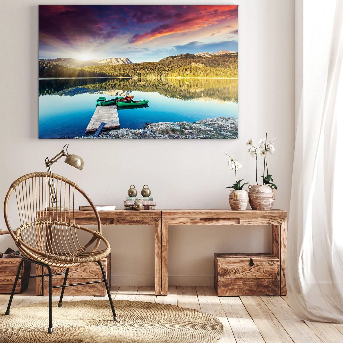 Impression sur toile - Image sur toile - Coucher de soleil sur le lac avec des bateaux à l'embarcadère - 120x80cm - Aussi lisse qu'un miroir au-dessus de l'eau - Décoration murale moderne pour le salon et la chambre ARTTOR