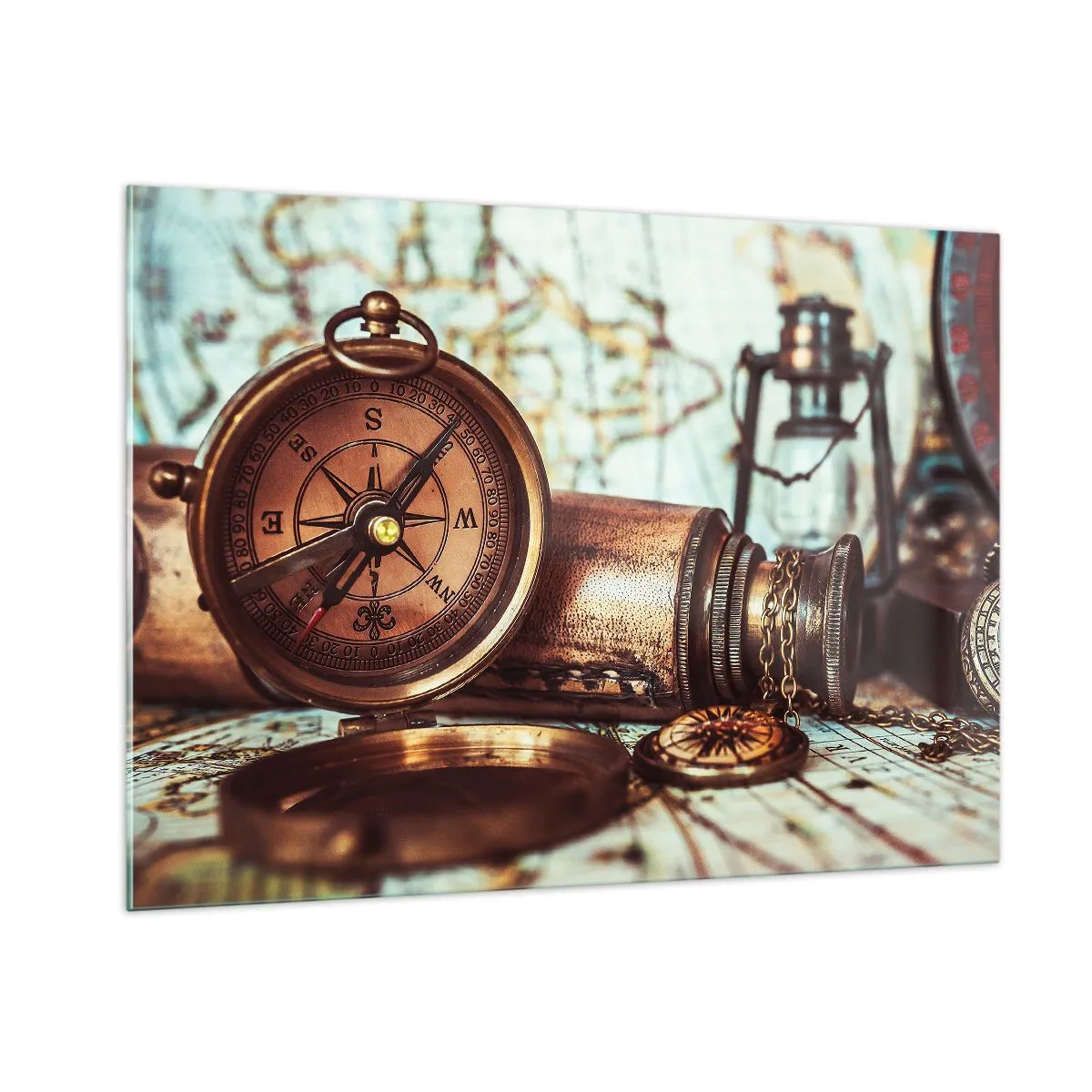 Impression sur verre - Image sur verre - Une boussole et une carte antiques sur fond d'aventures de pirates - 100x70cm - Une aventure de pirates dans les Caraïbes vous attend - Décoration murale moderne pour le salon et la chambre ARTTOR