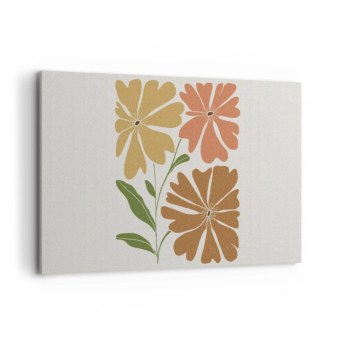 Impression sur toile - Image sur toile - Trois fleurs aux couleurs chaudes sur un fond clair - 100x70cm - Nature et géométrie - Décoration murale moderne pour le salon et la chambre ARTTOR
