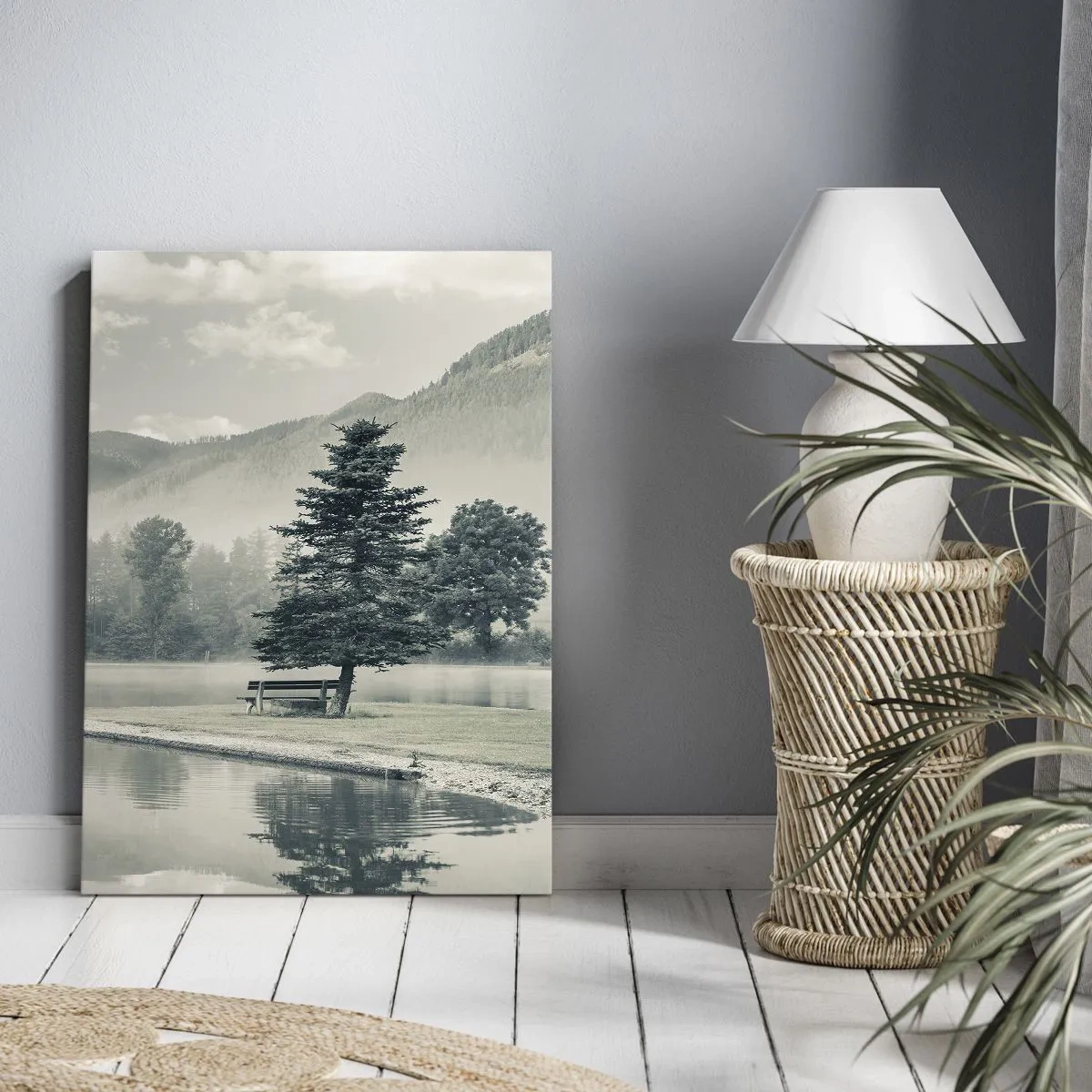 Impression sur toile - Image sur toile - Un lac pittoresque avec un banc et du brouillard en arrière-plan - 70x100cm - Le lac dort encore - Décoration murale moderne pour le salon et la chambre ARTTOR
