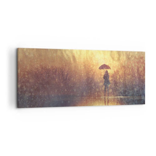 Impression sur toile - Image sur toile - Une silhouette avec un parapluie dans un paysage brumeux plein de reflets - 120x50cm - Je sens que quelqu'un me regarde - Décoration murale moderne pour le salon et la chambre ARTTOR
