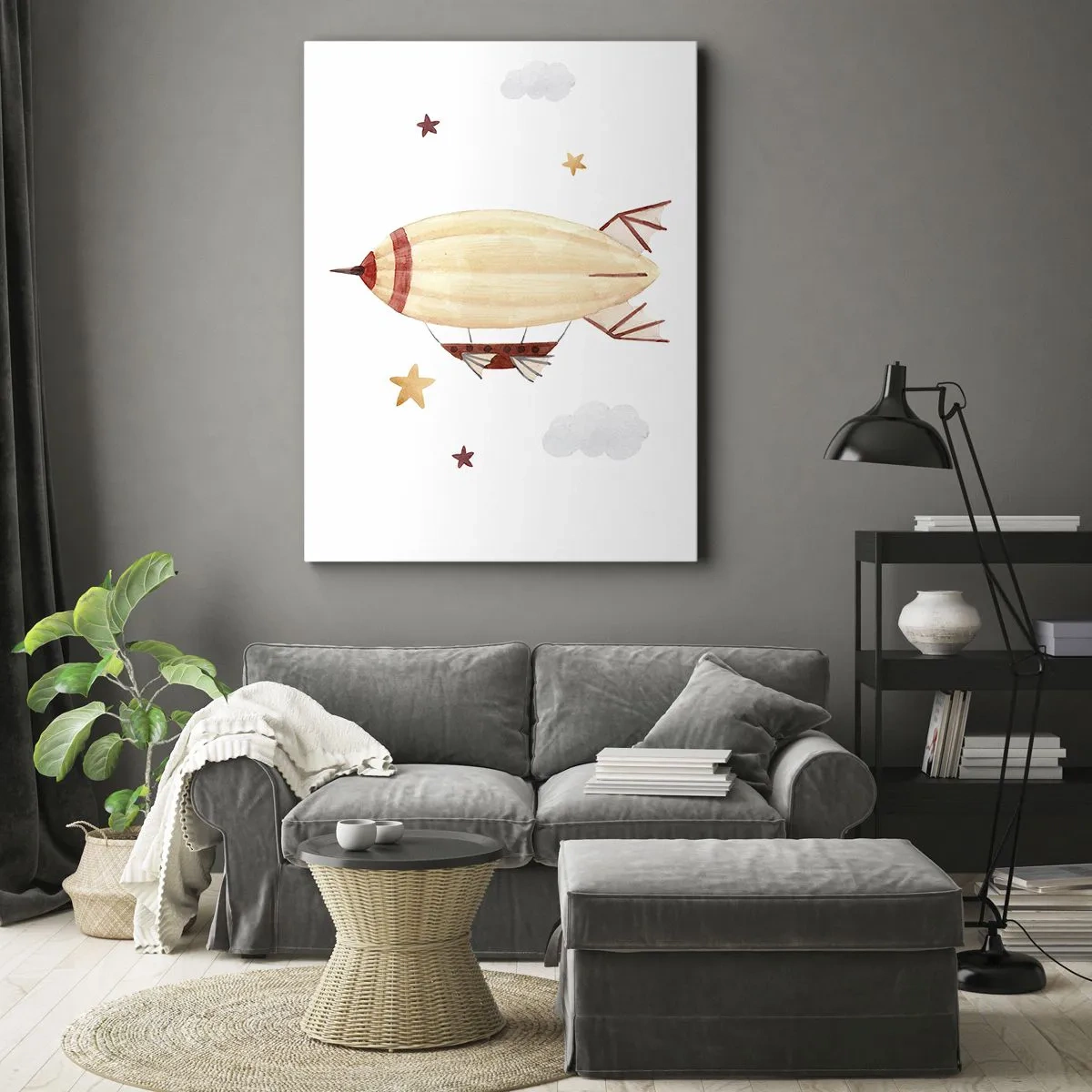 Impression sur toile - Image sur toile - Un dirigeable peint à la main sur fond d'étoiles - 50x70cm - Dirigeable - Décoration murale moderne pour le salon et la chambre ARTTOR