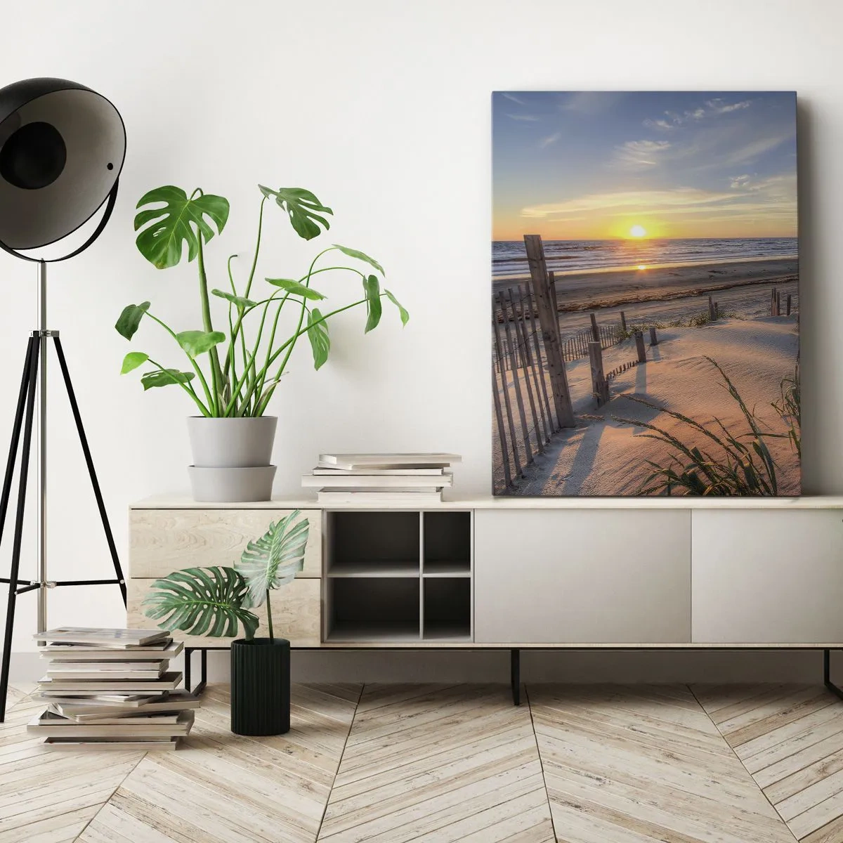Impression sur toile - Image sur toile - Plage au coucher du soleil avec clôture en bois - 70x100cm - Ombre et brillance du vent - Décoration murale moderne pour le salon et la chambre ARTTOR