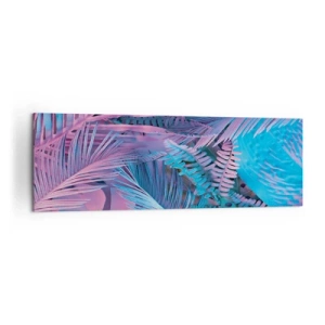 Impression sur toile - Image sur toile - Feuilles tropicales dans les tons de rose et de bleu - 160x50cm - Les tropiques en rose et bleu - Décoration murale moderne pour le salon et la chambre ARTTOR