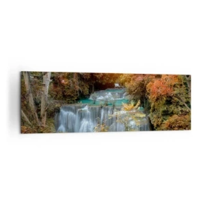 Impression sur toile - Image sur toile - Cascade d'automne entourée d'arbres colorés au soleil - 160x50cm - Trésor caché de la forêt - Décoration murale moderne pour le salon et la chambre ARTTOR