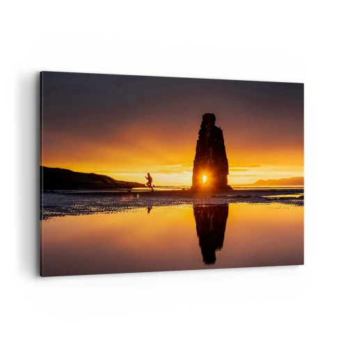 Impression sur toile - Image sur toile - Personne courant sur la plage au coucher du soleil avec formation rocheuse - 100x70cm - Juste vous et la nature - Décoration murale moderne pour le salon et la chambre ARTTOR