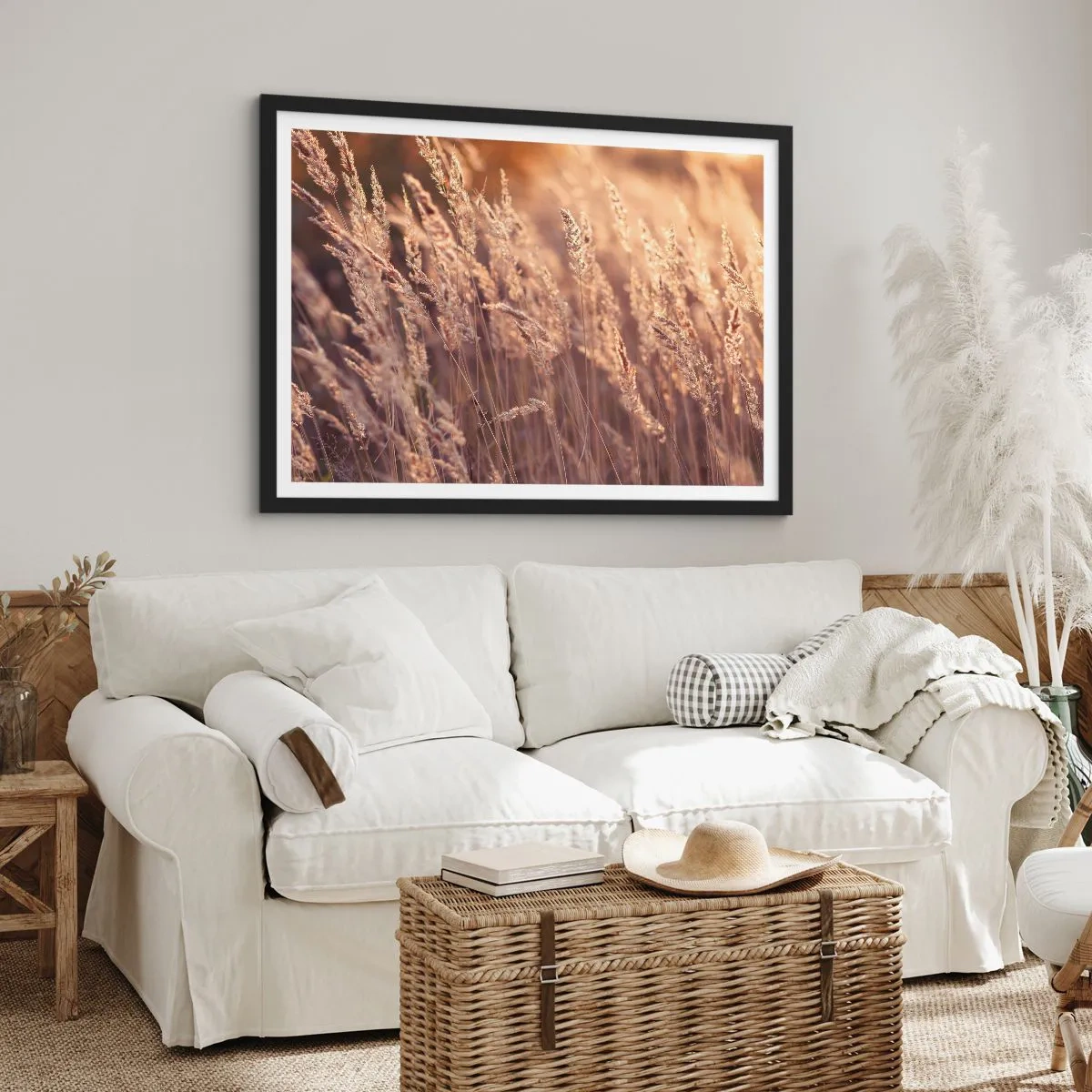 Affiche dans un cadre noir - Poster - Herbes dorées sur fond de soleil couchant - 70x50cm - Prêt à accueillir l'automne - Décoration murale moderne pour le salon et la chambre ARTTOR