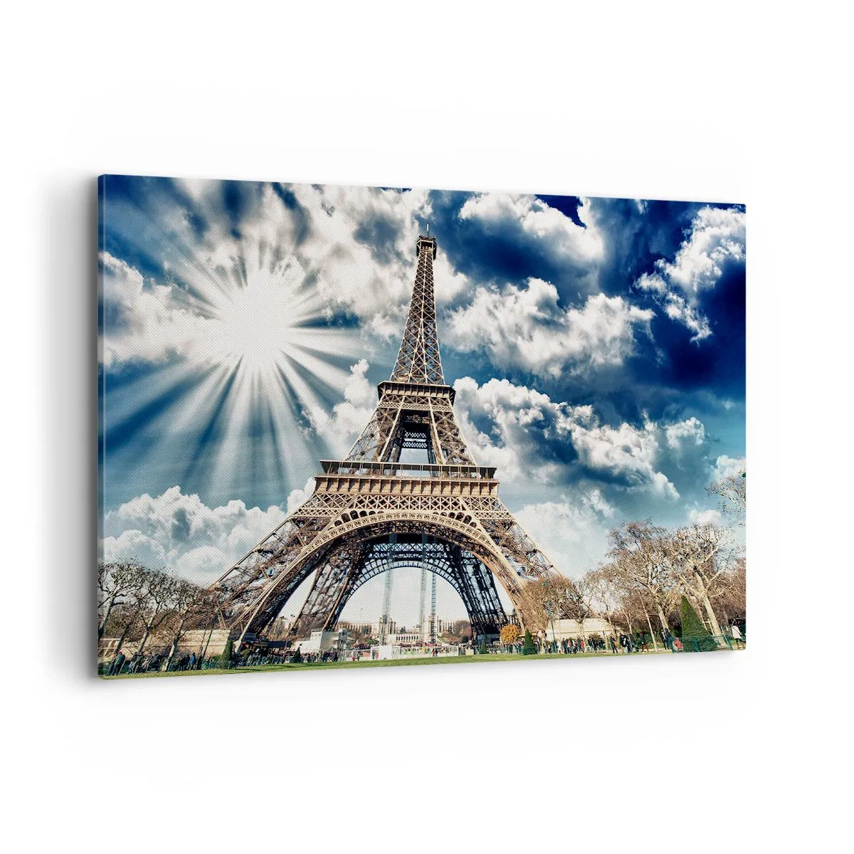Impression sur toile - Image sur toile - La Tour Eiffel sous un ciel ensoleillé avec des nuages - 100x70cm - La seule et unique sous le soleil - Décoration murale moderne pour le salon et la chambre ARTTOR