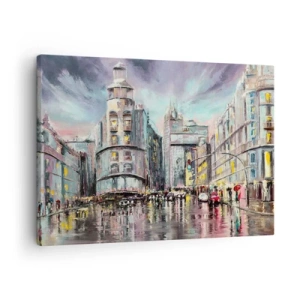 Impression sur toile - Image sur toile - Vue nocturne de la ville avec des reflets sur la rue mouillée - 70x50cm - Ce sera une soirée réussie - Décoration murale moderne pour le salon et la chambre ARTTOR