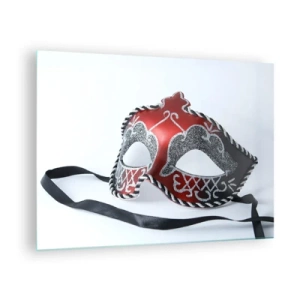 Impression sur verre - Image sur verre - Masque de carnaval en rouge et argent - 70x50cm - Invitation au bal - Décoration murale moderne pour le salon et la chambre ARTTOR