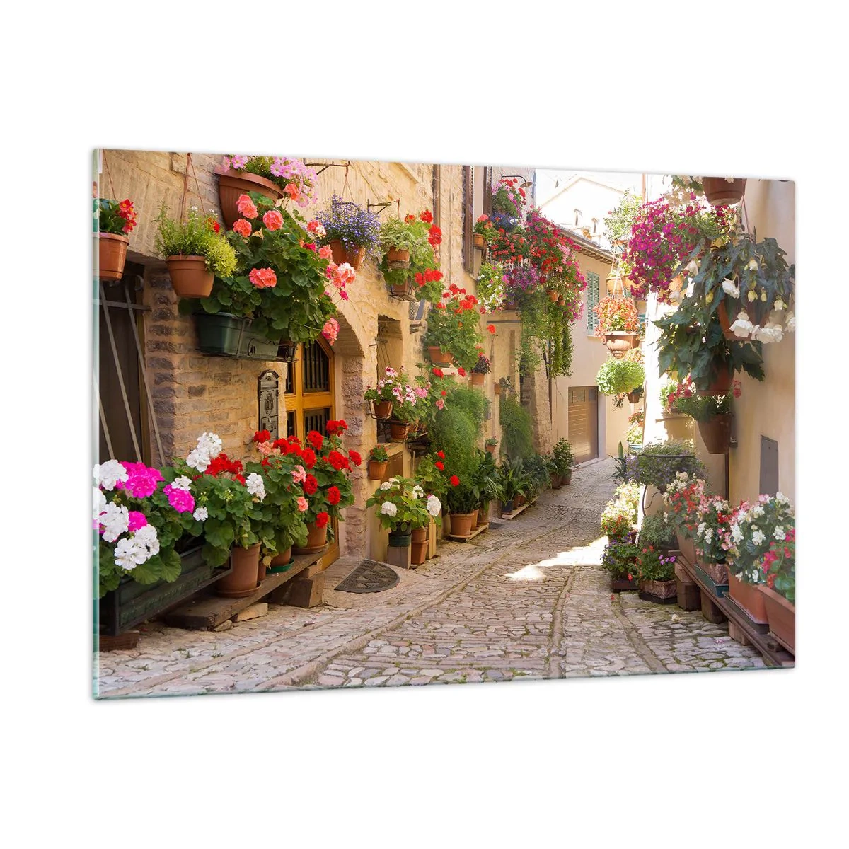 Impression sur verre - Image sur verre - Une rue pittoresque avec des fleurs en pot - 120x80cm - Une inondation de fleurs - Décoration murale moderne pour le salon et la chambre ARTTOR