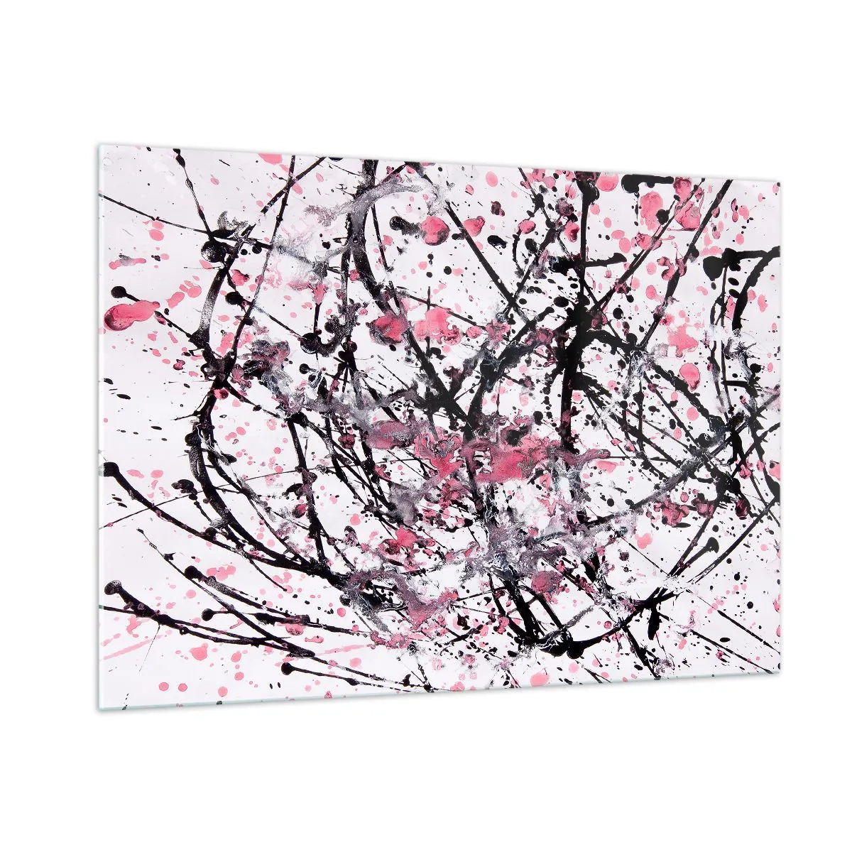 Impression sur verre - Image sur verre - Lignes abstraites dynamiques et taches roses sur fond blanc - 100x70cm - La nature éphémère de la vie - Décoration murale moderne pour le salon et la chambre ARTTOR