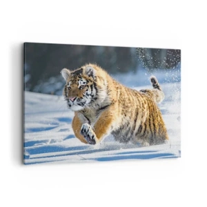 Impression sur toile - Image sur toile - Un tigre de Sibérie courant dans un paysage enneigé - 100x70cm - Dieu de la taïga sibérienne - Décoration murale moderne pour le salon et la chambre ARTTOR