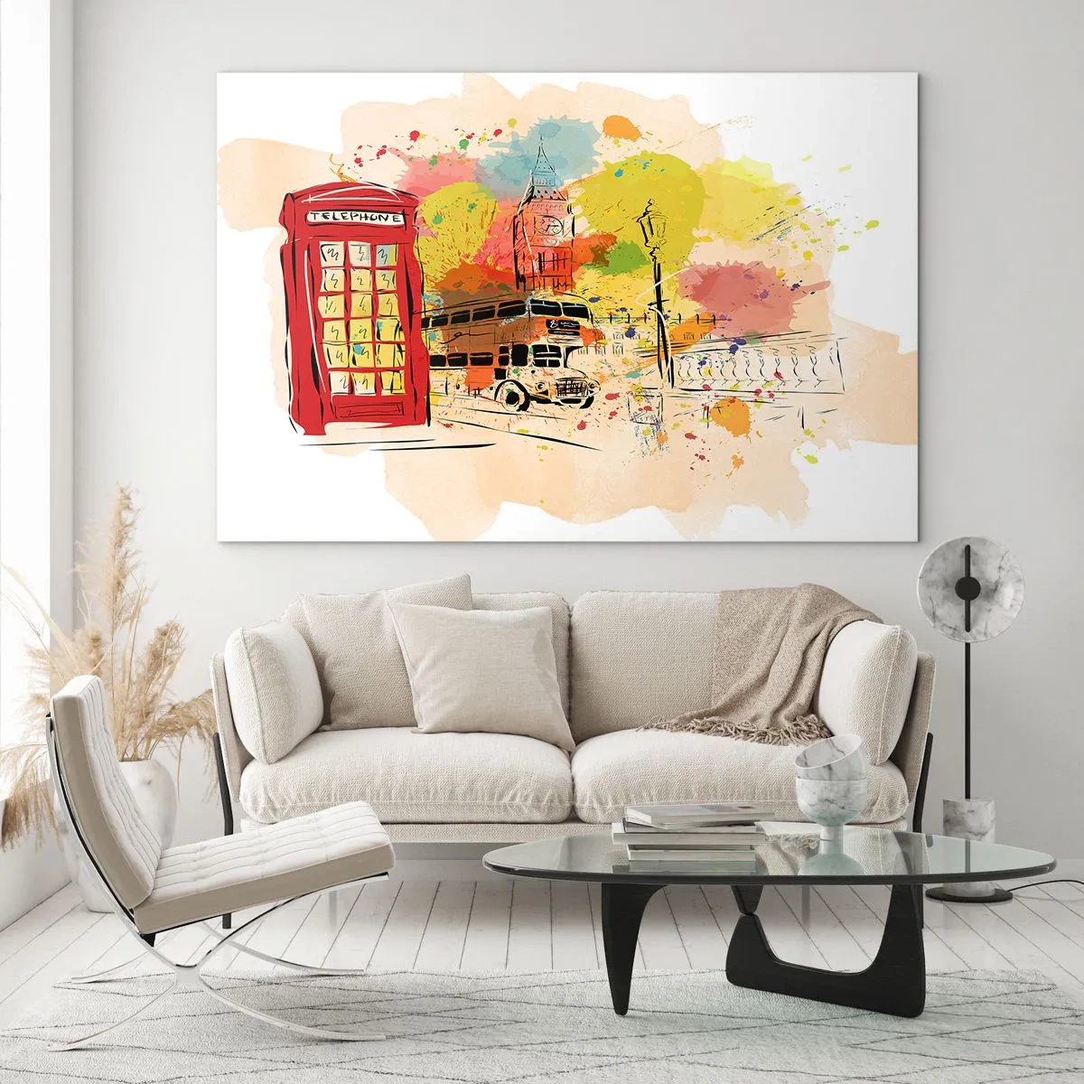 Impression sur verre - Image sur verre - Une cabine téléphonique rouge, un bus à impériale et Big Ben - 70x50cm - La ville de la variété - Décoration murale moderne pour le salon et la chambre ARTTOR
