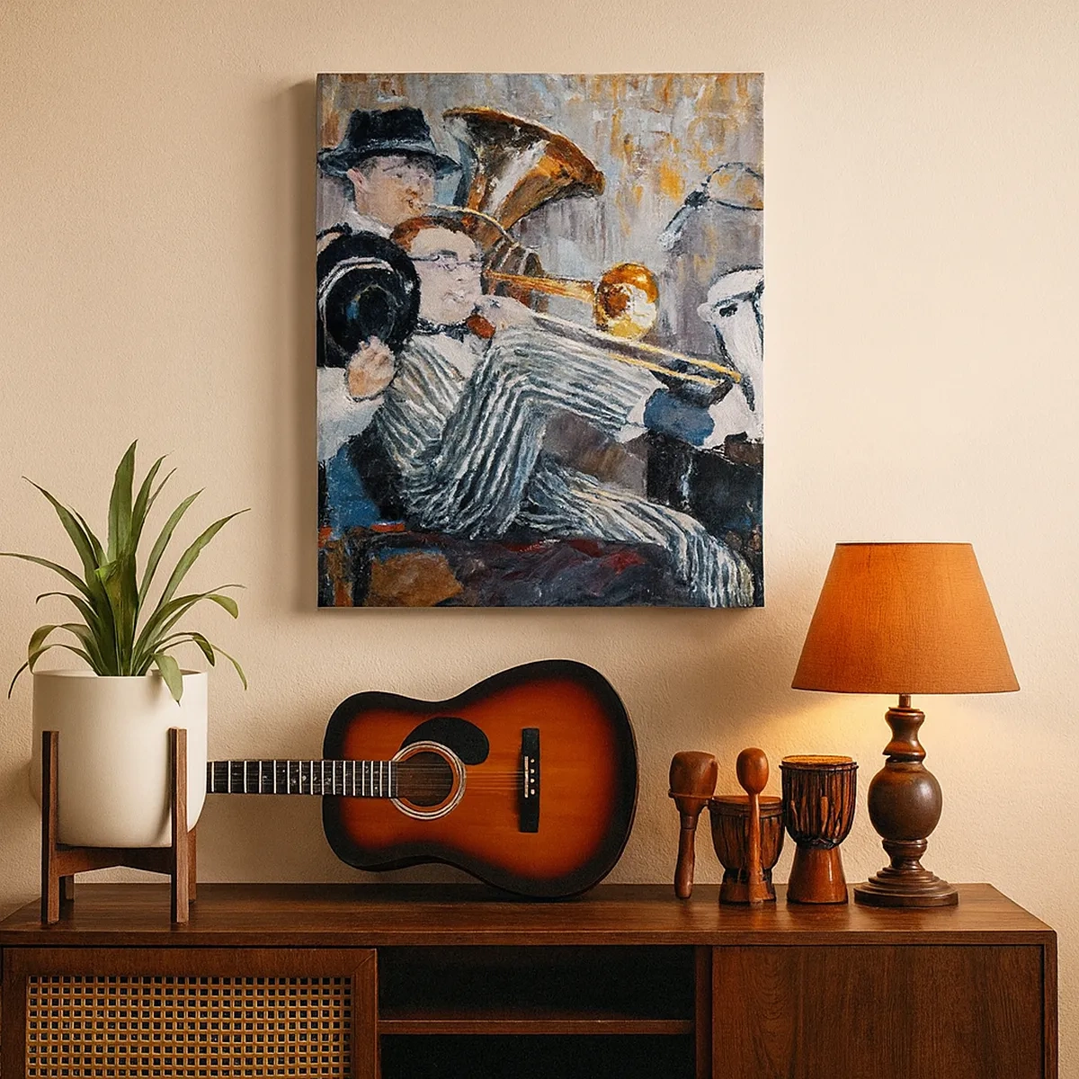 Impression sur toile - Image sur toile - Des musiciens de jazz dans un style pictural lors d'un concert - 50x70cm - C'est tout le Jazz - Décoration murale moderne pour le salon et la chambre ARTTOR
