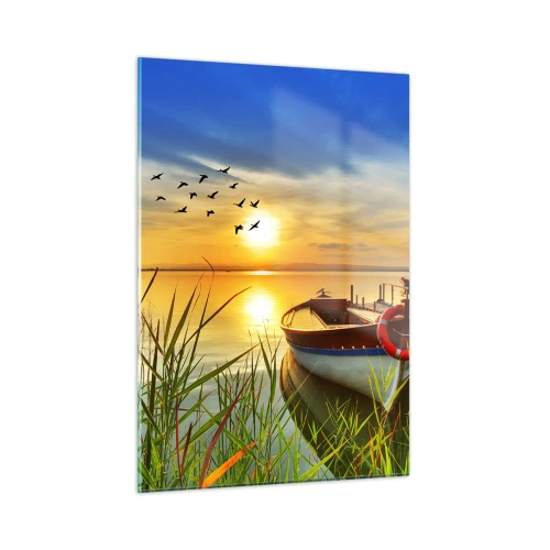 Impression sur verre - Image sur verre - Un bateau sur un lac au coucher du soleil avec des oiseaux dans le ciel - 50x70cm - Les cormorans s'envolent déjà - Décoration murale moderne pour le salon et la chambre ARTTOR