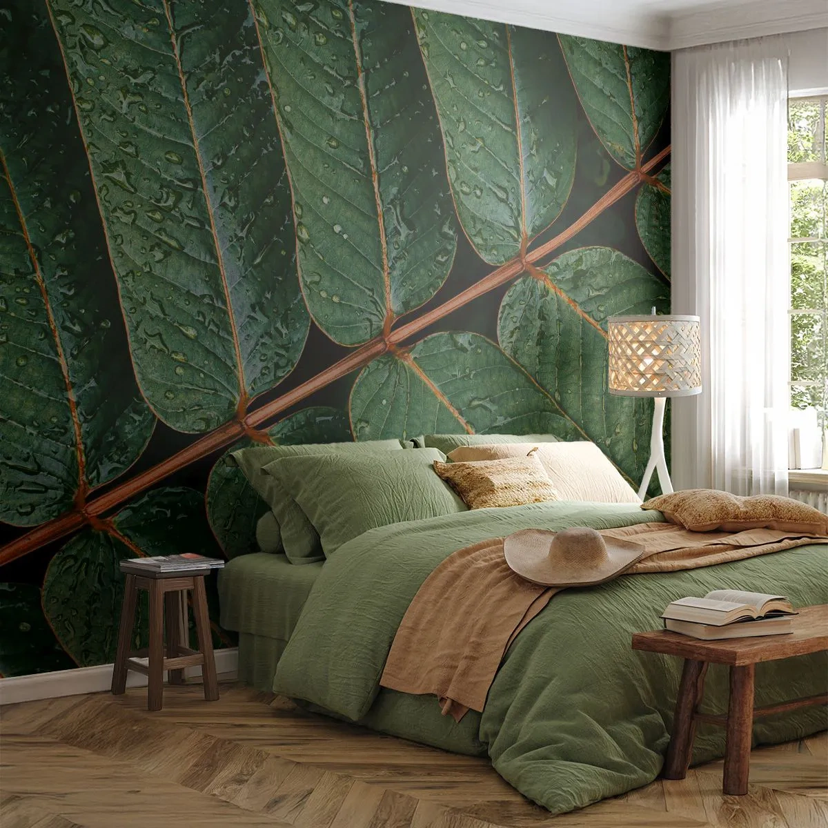 Papier Peint Autocollant Deluxe Sticker - Au rythme de la verdure - Feuilles vertes, Plante tropicale, Morceau - 250x175 cm