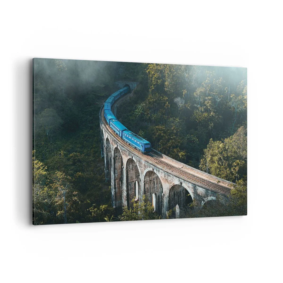 Impression sur toile - Image sur toile - Un train bleu sur un viaduc historique au milieu des forêts - 100x70cm - Train nature - Décoration murale moderne pour le salon et la chambre ARTTOR