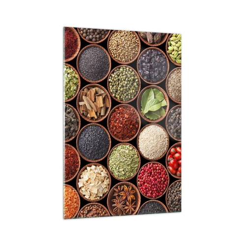 Impression sur verre - Image sur verre - Épices colorées dans des récipients ronds - 70x100cm - Toutes les saveurs du monde - Décoration murale moderne pour le salon et la chambre ARTTOR
