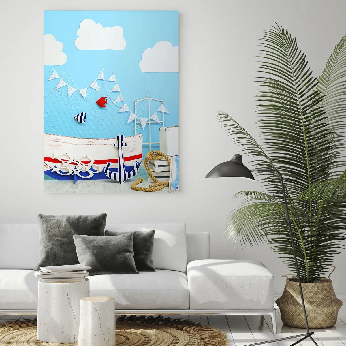 Impression sur verre - Image sur verre - Décoration nautique avec un bateau et des accessoires sur fond bleu - 80x120cm - Nostalgie infantile de l'aventure - Décoration murale moderne pour le salon et la chambre ARTTOR