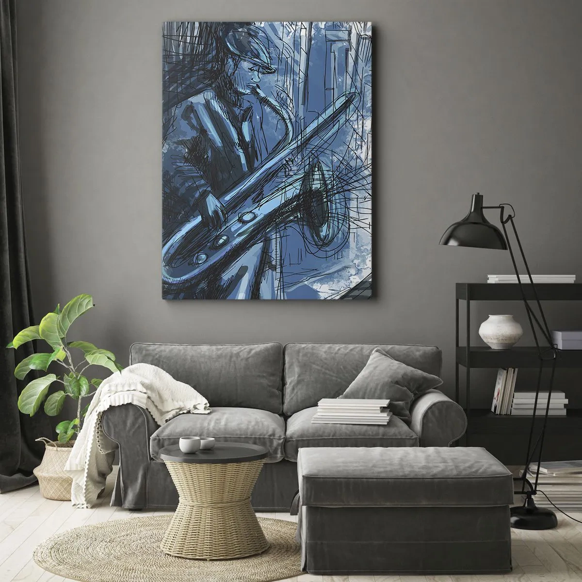Impression sur toile - Image sur toile - Une silhouette jouant du saxophone sur fond de ville - 80x120cm - Rhapsodie urbaine - Décoration murale moderne pour le salon et la chambre ARTTOR