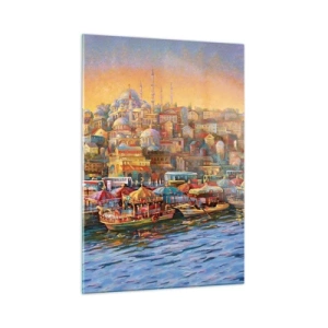 Impression sur verre - Image sur verre - Un port coloré avec des bateaux et un panorama de la ville au coucher du soleil - 50x70cm - Conte d'Istanbul - Décoration murale moderne pour le salon et la chambre ARTTOR