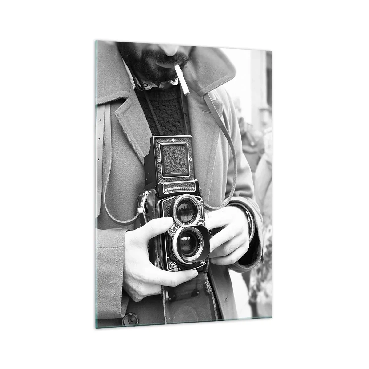 Impression sur verre - Image sur verre - Photo en noir et blanc d'un homme avec un appareil photo rétro - 70x100cm - Dans un style rétro - Décoration murale moderne pour le salon et la chambre ARTTOR