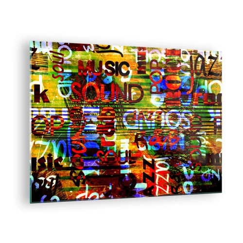 Impression sur verre - Image sur verre - Inscriptions colorées sur un fond de mosaïque artistique - 70x50cm - Toutes les nuances du son - Décoration murale moderne pour le salon et la chambre ARTTOR