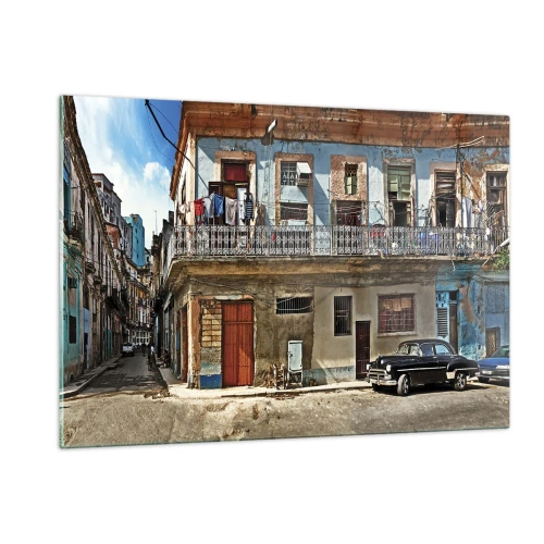 Impression sur verre - Image sur verre - Rue rétro avec des bâtiments classiques et une voiture - 120x80cm - Climat hawaïen - Décoration murale moderne pour le salon et la chambre ARTTOR