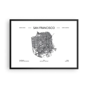 Affiche dans un cadre noir - Poster - Une carte de San Francisco dans un style minimaliste en noir et blanc. - 70x50cm - Anatomie de San Fransisco - Décoration murale moderne pour le salon et la chambre ARTTOR