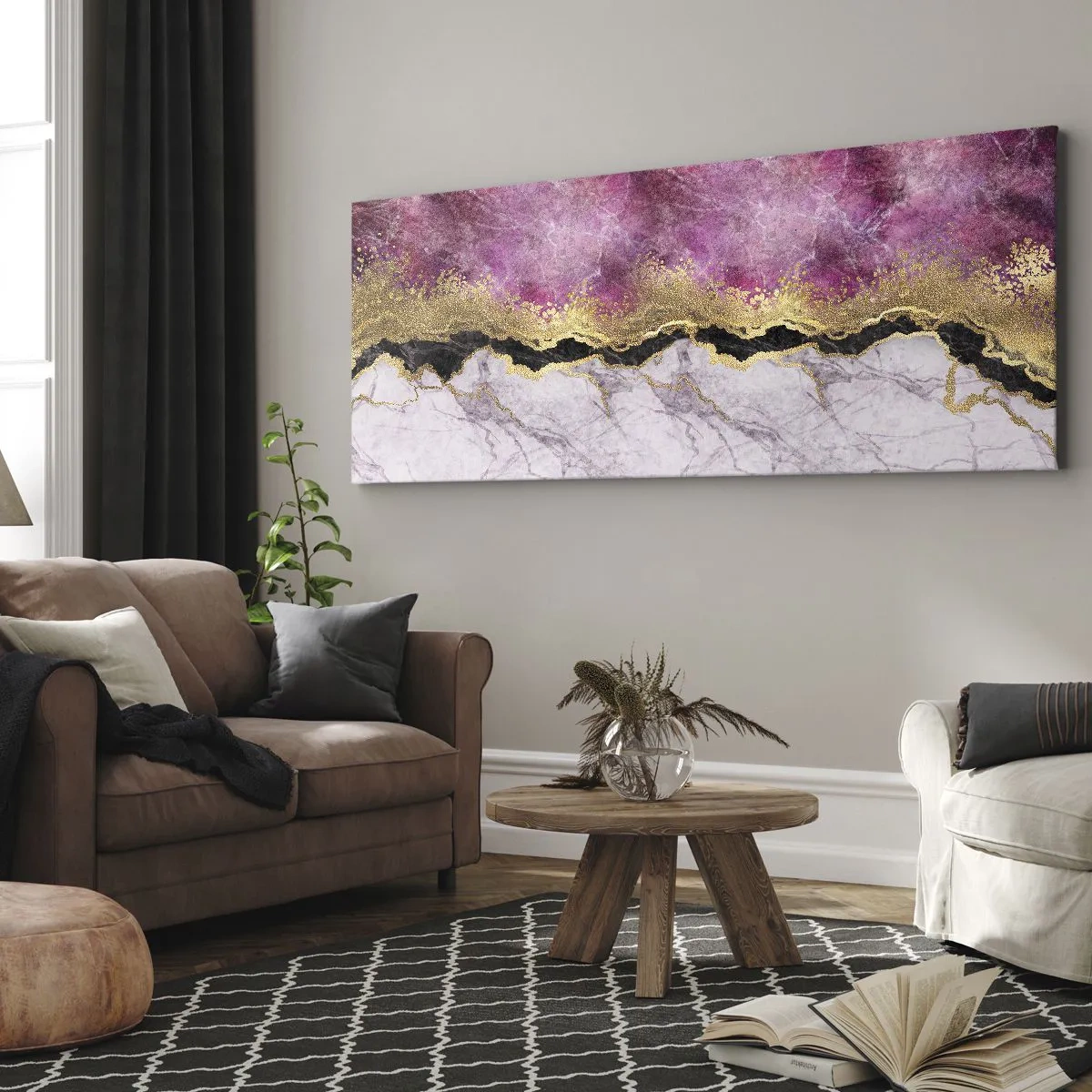 Impression sur toile - Image sur toile - Marbre abstrait dans des tons de rose avec des accents dorés - 120x50cm - À la frontière - Décoration murale moderne pour le salon et la chambre ARTTOR
