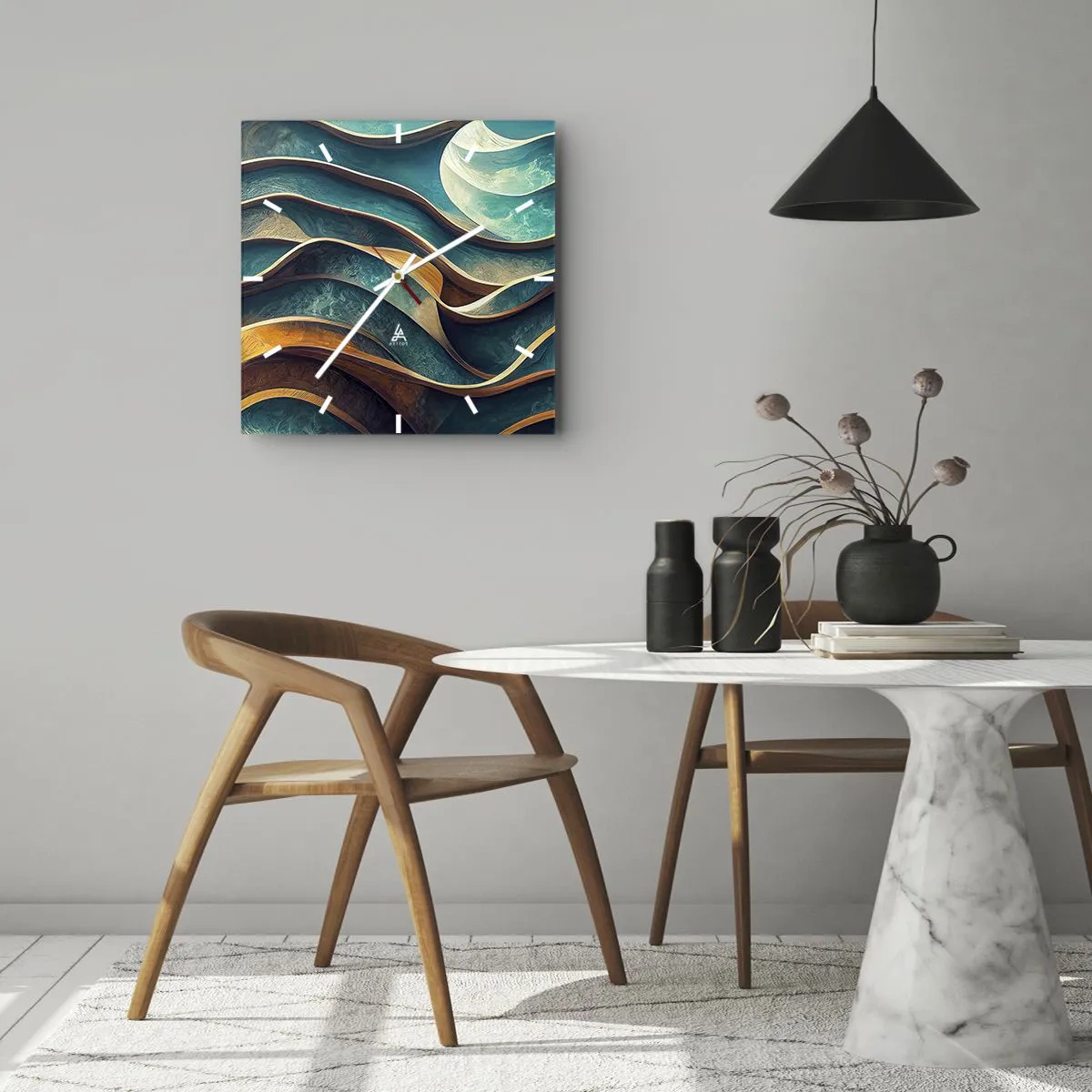 Horloge murale - Pendule murale - Vagues abstraites dans des tons turquoise et or - 30x30cm - Méandres de bleu - Décoration murale moderne pour le salon et la chambre ARTTOR
