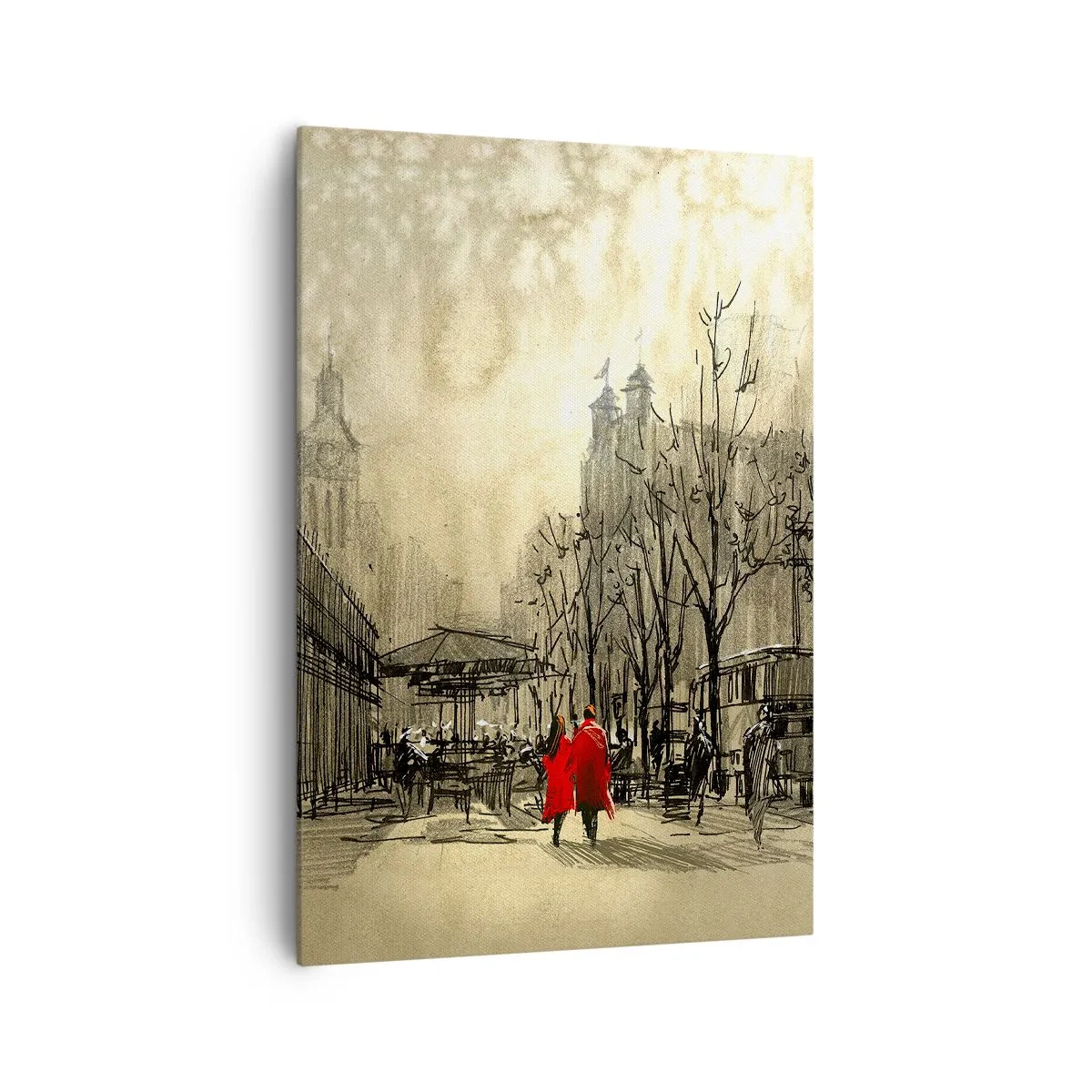 Impression sur toile - Image sur toile - Une figure rouge dans un décor urbain nostalgique - 70x100cm - Rendez-vous dans le brouillard de Londres - Décoration murale moderne pour le salon et la chambre ARTTOR