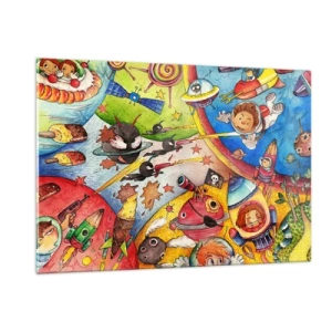 Impression sur verre - Image sur verre - Une illustration colorée d'une aventure spatiale pour les enfants - 120x80cm - Grande aventure spatiale - Décoration murale moderne pour le salon et la chambre ARTTOR