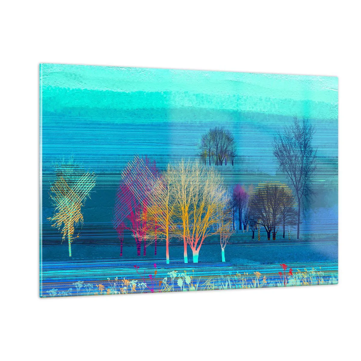 Impression sur verre - Image sur verre - Un paysage coloré avec des arbres sur un fond de tons bleus - 120x80cm - Un paysage soigné - Décoration murale moderne pour le salon et la chambre ARTTOR