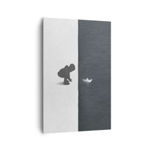 Impression sur toile - Image sur toile - Une figure d'enfant avec un bateau en papier sur un fond de moitiés contrastées - 80x120cm - Grande expédition - Décoration murale moderne pour le salon et la chambre ARTTOR