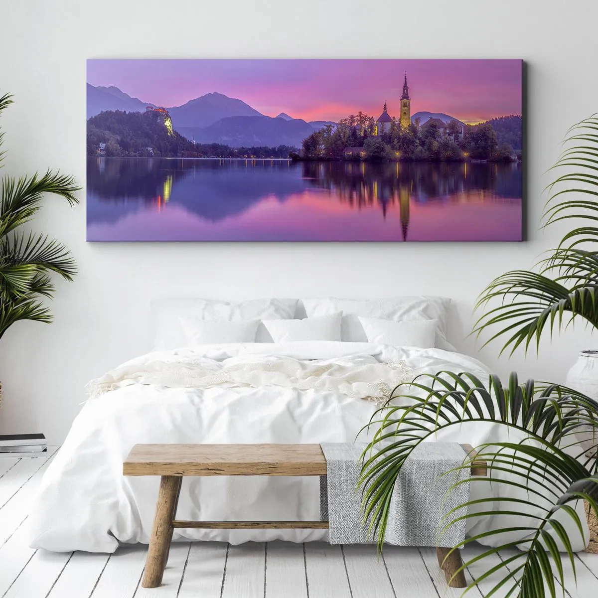 Impression sur toile - Image sur toile - Lac avec une île et une église au coucher du soleil - 120x50cm - Une île de conte de fées au crépuscule - Décoration murale moderne pour le salon et la chambre ARTTOR