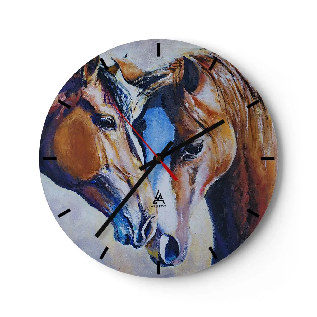Horloge murale - Pendule murale - Une peinture de deux chevaux dans un style pictural avec des couleurs vives. - 30x30cm - Est-ce de l'amitié ? Ou de l'amour ? - Décoration murale moderne pour le salon, la cuisine et la chambre ARTTOR