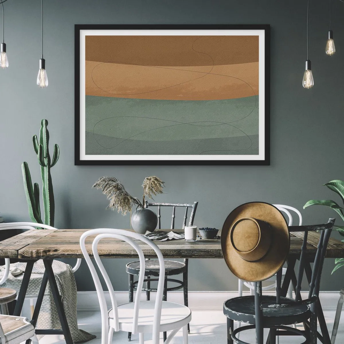 Affiche dans un cadre noir - Poster - Composition abstraite dans des tons de terre naturels - 70x50cm - Composition horizontale - Décoration murale moderne pour le salon et la chambre ARTTOR