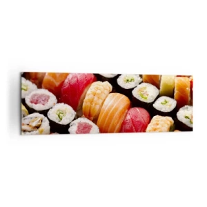 Impression sur toile - Image sur toile - Sushis colorés disposés en rangées avec diverses garnitures - 160x50cm - Couleurs et saveurs d'Asie - Décoration murale moderne pour le salon et la chambre ARTTOR