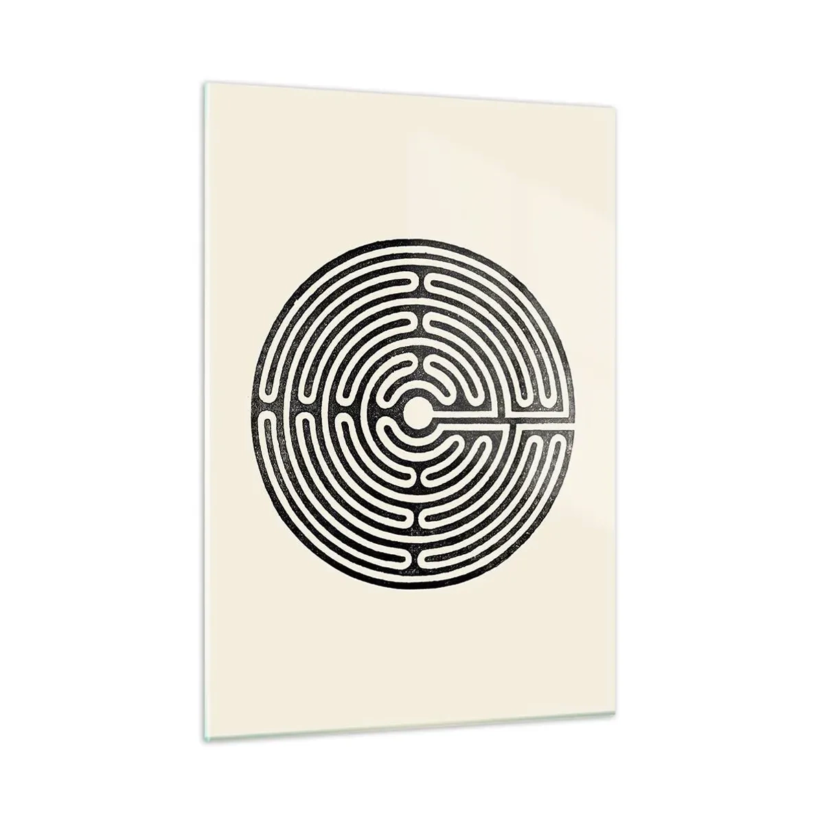 Impression sur verre - Image sur verre - Un labyrinthe noir et blanc de forme circulaire sur fond clair. - 50x70cm - Ordre mystérieux - Décoration murale moderne pour le salon et la chambre ARTTOR