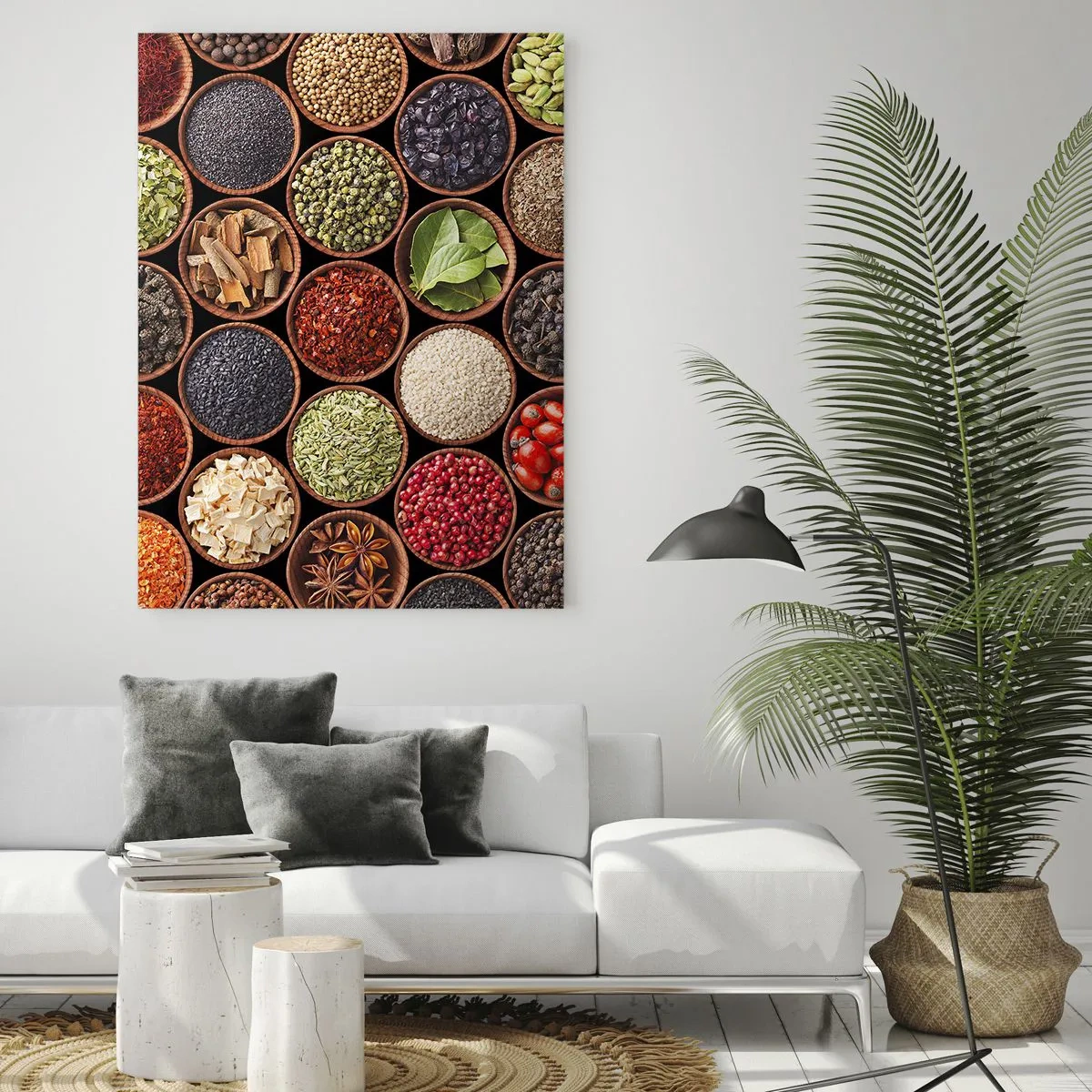 Impression sur verre - Image sur verre - Une composition de diverses épices dans des bols en bois - 50x70cm - Toutes les saveurs du monde - Décoration murale moderne pour le salon et la chambre ARTTOR