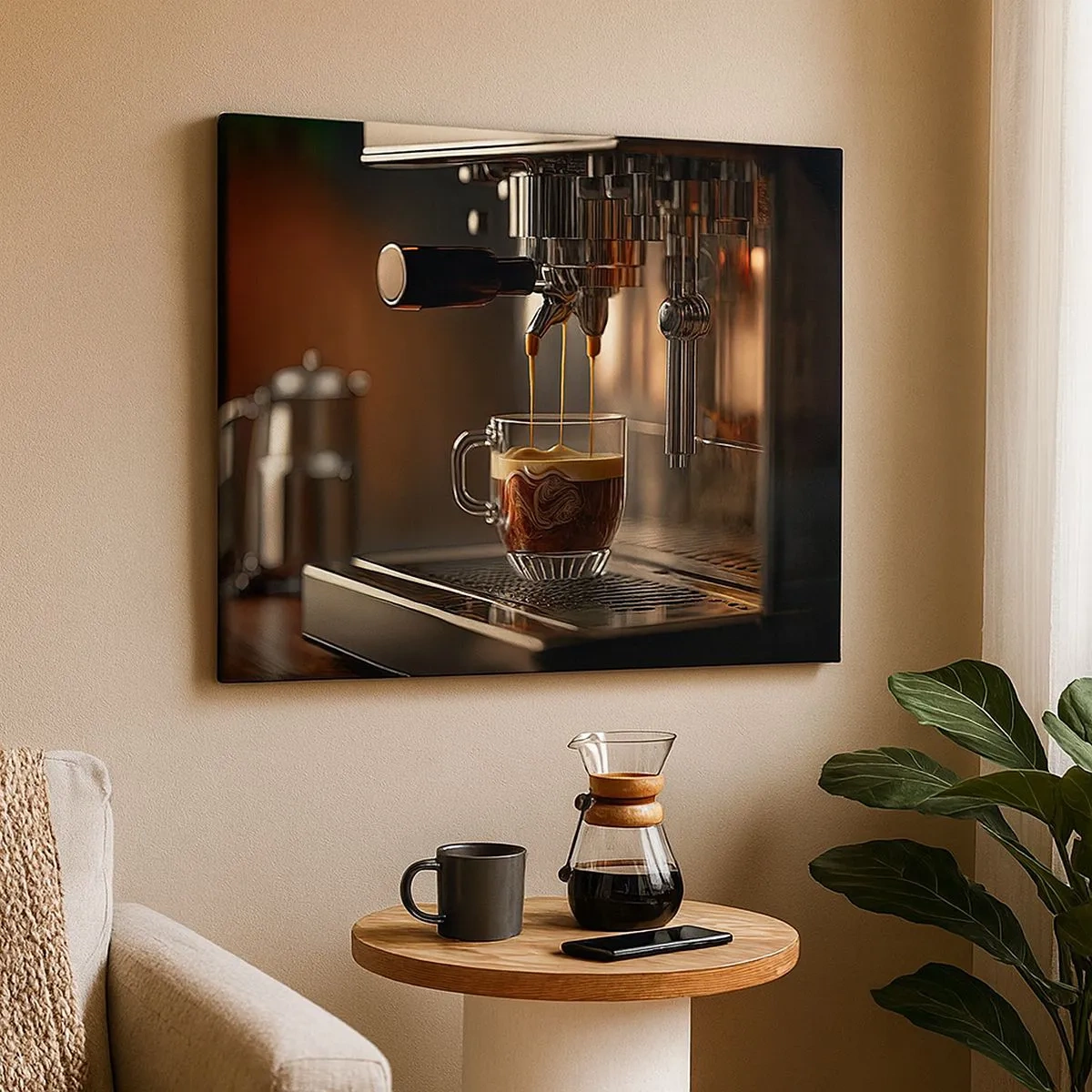 Impression sur toile - Image sur toile - Machine à café avec une tasse d'espresso aromatique - 70x50cm - Un mélange sensuel - Décoration murale moderne pour le salon et la chambre ARTTOR