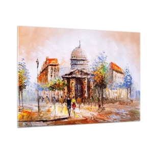 Impression sur verre - Image sur verre - Une rue pittoresque de la ville avec un bâtiment historique en arrière-plan - 100x70cm - Promenade à Paris - Décoration murale moderne pour le salon et la chambre ARTTOR