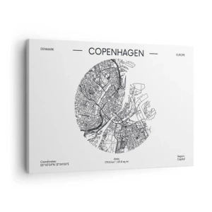 Impression sur toile - Image sur toile - Une carte de Copenhague dans un style minimaliste en noir et blanc. - 70x50cm - Anatomie de Copenhague - Décoration murale moderne pour le salon et la chambre ARTTOR