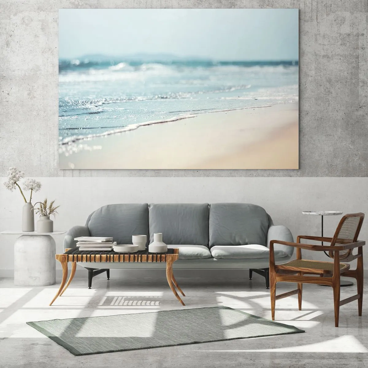 Impression sur verre - Image sur verre - Douces vagues de l'océan léchant la plage de sable - 100x70cm - Chaleur et bruissement - Décoration murale moderne pour le salon et la chambre ARTTOR